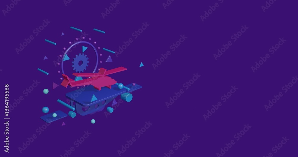 Fototapeta premium Pink helicopter symbol on a pedestal of abstract geometric shapes floating in the air. Abstract concept art with flying shapes on the left. 3d illustration on deep purple background