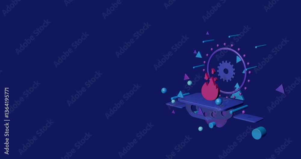 Pink fire symbol on a pedestal of abstract geometric shapes floating in the air. Abstract concept art with flying shapes on the right. 3d illustration on indigo background