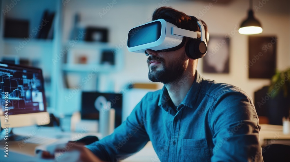 A designer using virtual reality to create product prototypes, high-tech design studio with VR tools and 3D modeling software, High-tech style A designer using virtual reality to create product prototypes, high-tech design studio with VR tools and 3D modeling software, High-tech style