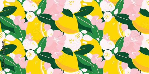 A vibrant pattern of lemons and flowers, artfully arranged in a seamless design, celebrates nature's beauty and culinary inspiration.