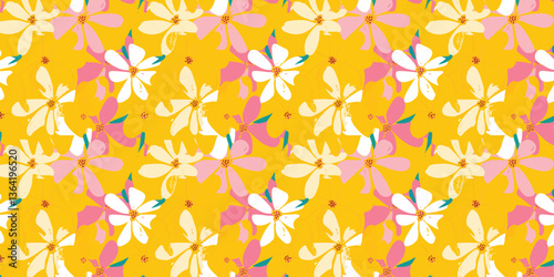 A vibrant, repeating floral...