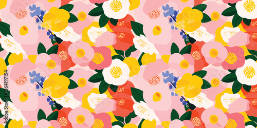 Floral Flourish. A vibrant and enchanting display of flowers arranged in a seamless repeating pattern, bringing a sense of joy and elegance.