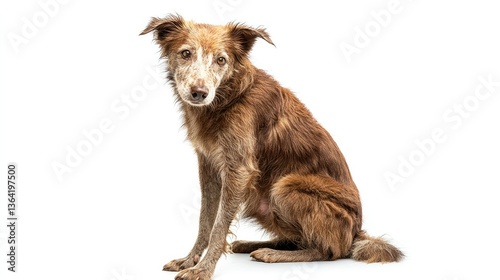Old border collie sitting attentively, its weathered fur contrasting subtly against the white background