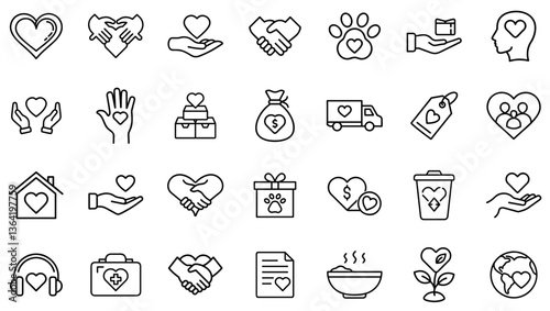 Charity and Donation Icons Set – Nonprofit Support, Heart Care, Giving, Fundraising, Volunteer Work, Pet Aid, Kindness, Humanity, Social Responsibility, and Compassion Symbol Line Icons