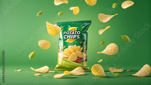 Potato chips bag, green packaging, flying potato chips, product photography, crisp snacks, floating food