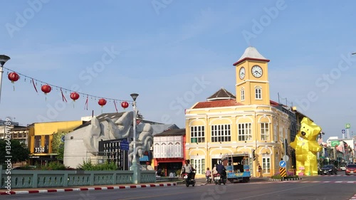 Phuket,Thailand March 17,2025 :  Clock tower at Phuket Old town building landmark in the city of Phuket.