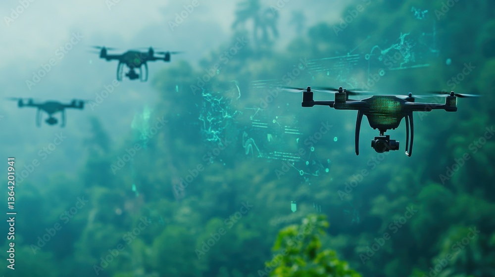Fototapeta premium A drone fleet monitoring endangered species in the wild, a futuristic conservation center with AI-driven wildlife tracking, High-tech style