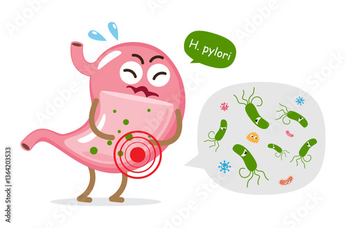 Helicobacter pylori bacteria infected in stomach . Cute medical cartoon character . Isolated white background . Vector .