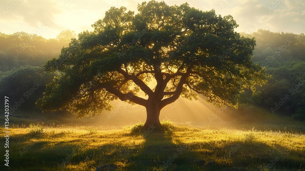 Fototapeta premium A solitary tree bathed in golden sunlight during the day