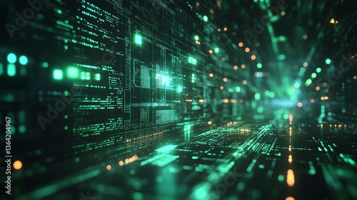 Wallpaper Mural Green coding screen with square light background, digital technology, advanced programming interface, glowing text, futuristic tech development, vibrant coding symbols Torontodigital.ca