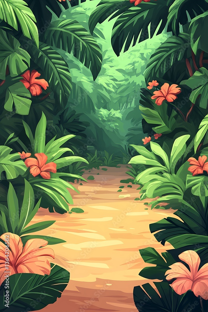 Naklejka premium A vibrant painting of a lush tropical jungle path