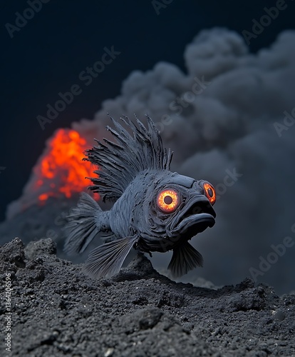 A surreal fish creature standing before an erupting volcano