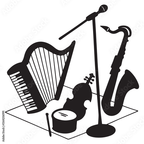 Musical instrument set. Accordion, guitar, harp, ethnic drum, violin, saxophone. Can be used for orchestra, acoustic concert, music, school concept vector