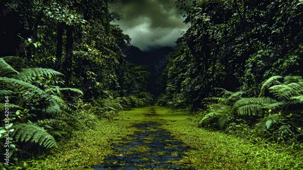 Fototapeta premium Lush Amazon Rainforest Path Nature Trail Green Foliage Jungle Road Tropical Plants Fe