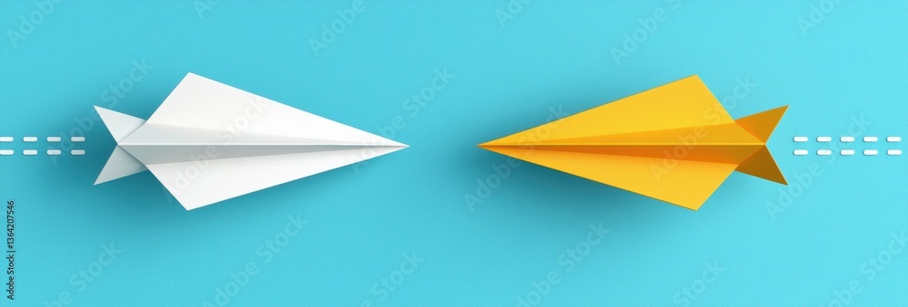 Two Colorful Paper Airplanes in Flight Against a Bright Blue Background Symbolizing Creativity and Freedom Two Colorful Paper Airplanes in Flight Against a Bright Blue Background Symbolizing Creativity and Freedom