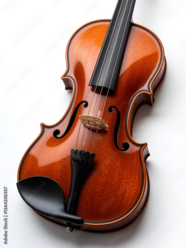 Fototapeta premium Brown classic violin lying horizontally with an overlay for the neck isolated on white background