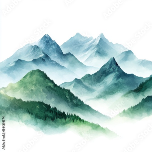 Majestic mountain landscape serene nature scene watercolor artwork tranquil environment elevated perspective