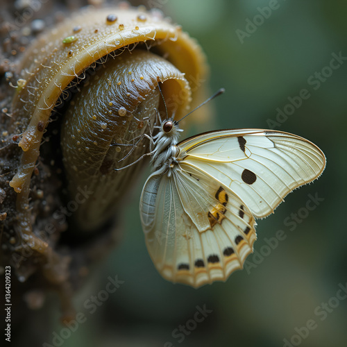 The moment when the White Pioneer butterfly emerges from the pupa (Belenois aurota)