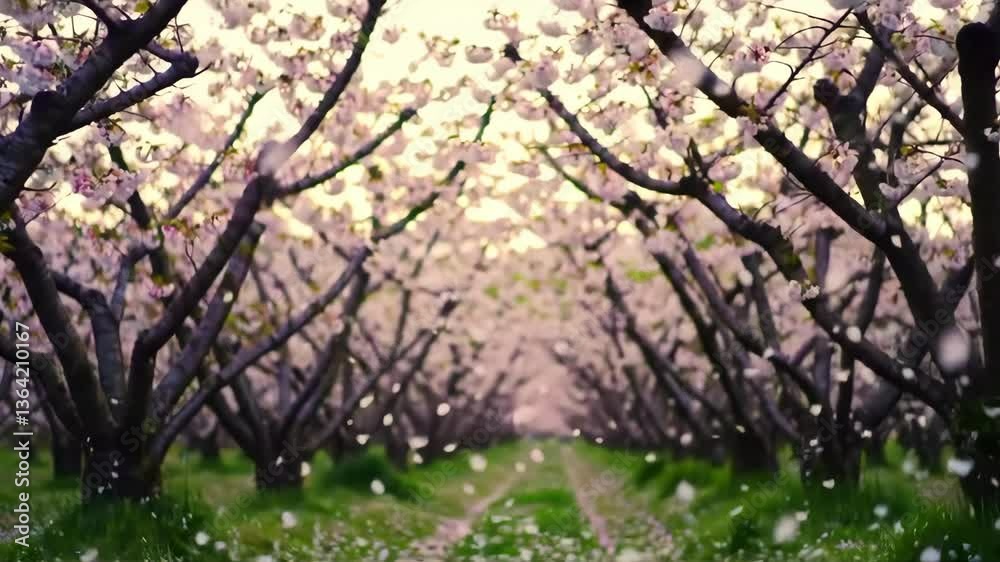 Falling cherry blossom petals in orchard during spring