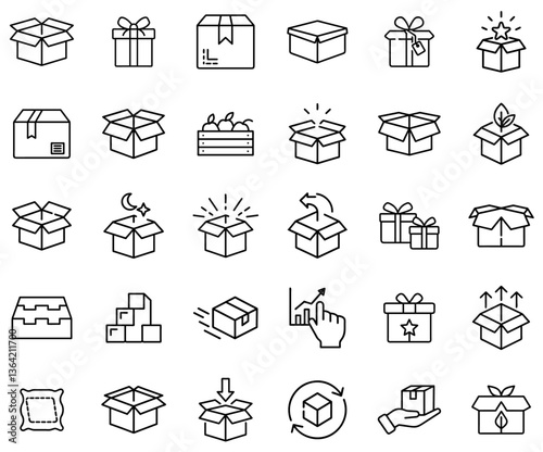 Packaging and Delivery Icons Set – Gift Boxes, Shipping Parcels, Open Packages, Storage, Product Logistics, Eco Packaging, E-commerce, Unboxing, Inventory, and Parcel Management Line Icons