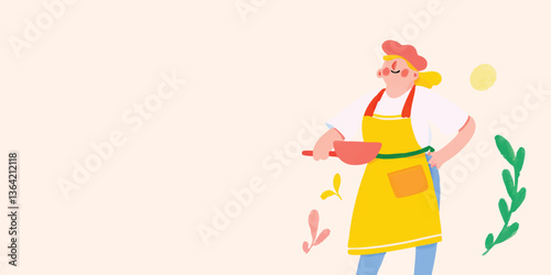 A cheerful chef, donned in ...