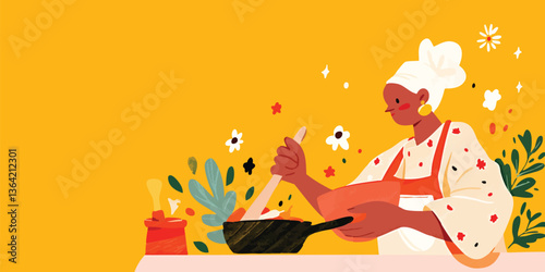A woman cooks in the kitchen, her culinary skills in full display, capturing the essence of home and the joy of food preparation, rendered in a delightful artistic style.