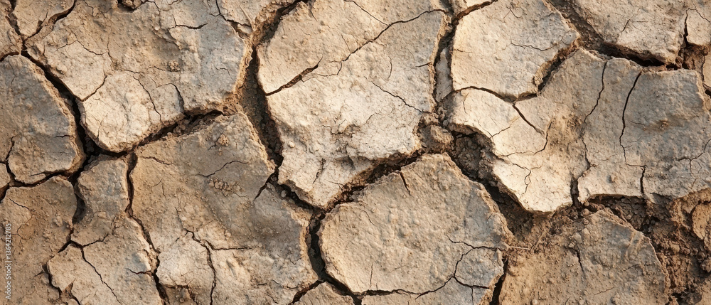 Fototapeta premium A close-up view of dry, cracked earth, indicating drought and soil degradation in an arid landscape.