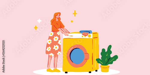 A woman pauses, gracefully attending to the washing machine, an emblem of modern home management, set against a subtle backdrop.
