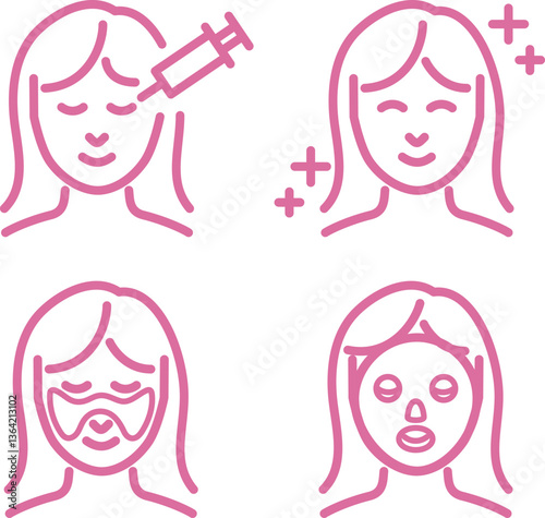 美容　肌　医療　治療　美容医療　人物　女性　ラインアイコン　線　シンプル　イラスト素材セット