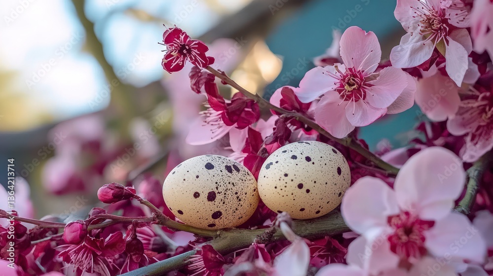 Fototapeta premium Springtime Quail Eggs Nestled in Pink Blossoms