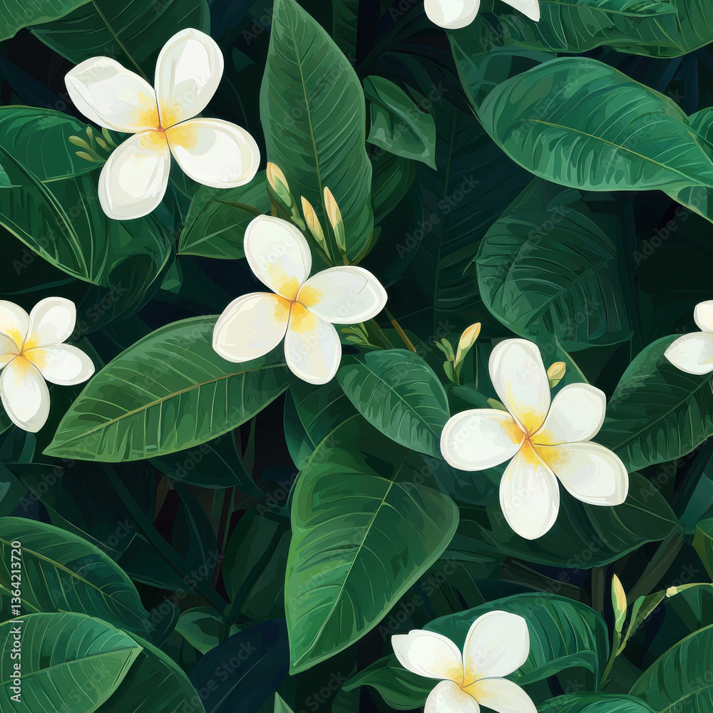 Fototapeta premium White jasmine flowers and lush green palm leaves in tropical setting