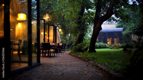 Serene Outdoor Restaurant Patio at Dusk  Tranquil Garden Dining