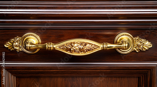 Elegant gold drawer pull on rich dark wood cabinet, interior design detail, luxury furniture