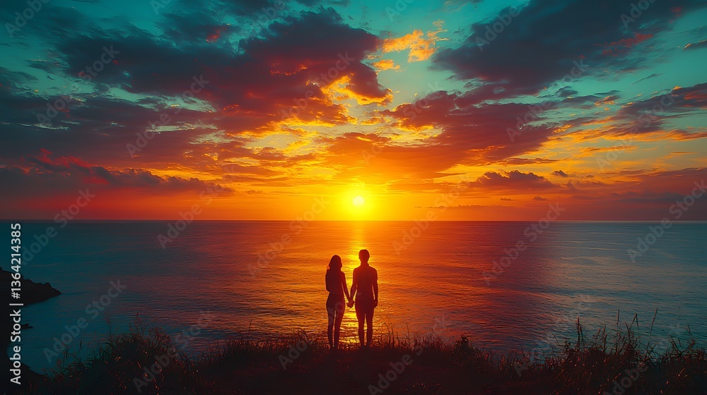 Fototapeta premium Couple watches sunset over ocean cliff