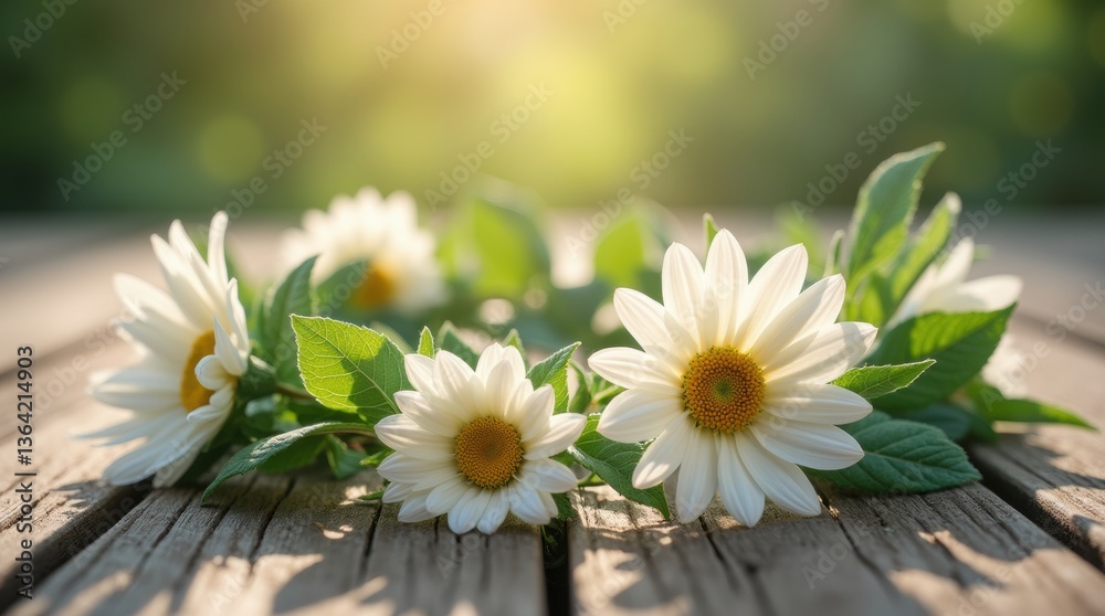 Obraz premium A delicate flower crown with detailed white daisies and lush green leaves, resting on a vivid rustic wooden surface