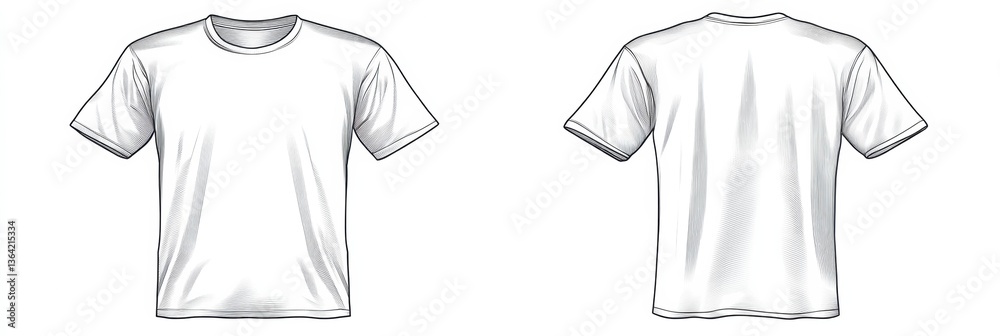 Unisex blank t-shirt flat sketch technical drawing vector illustration showing front and back views for fashion design mock-up purposes