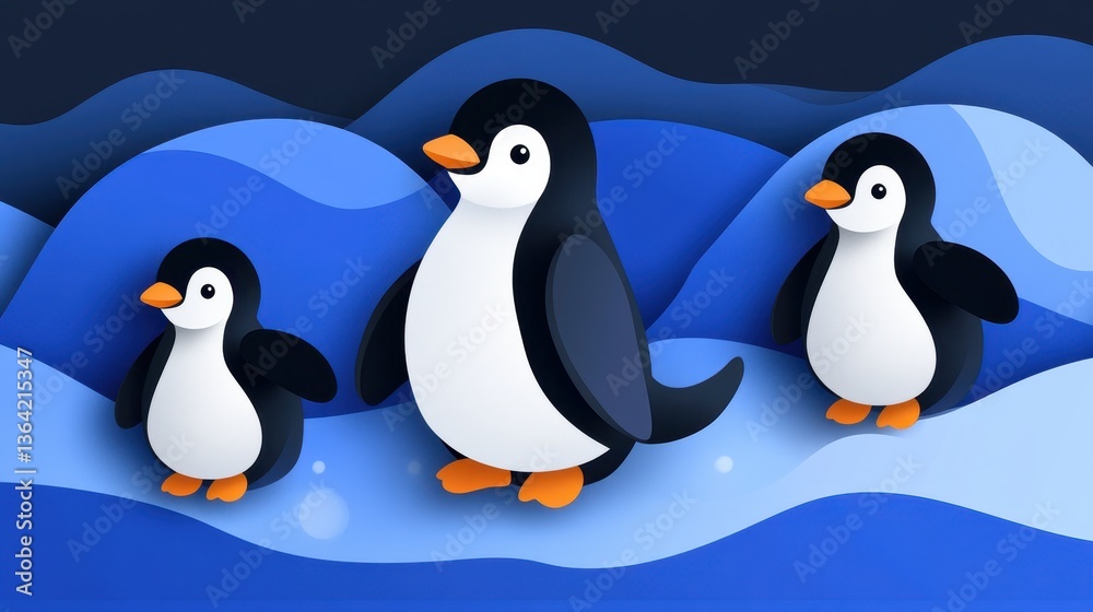Fototapeta premium Cute Penguins Antarctic Landscape Illustration.
