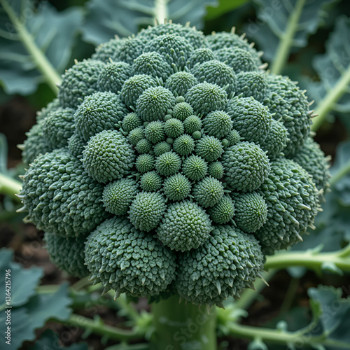 Close-up of a broccoli crown with intricate details and texture, stem, garden, florets