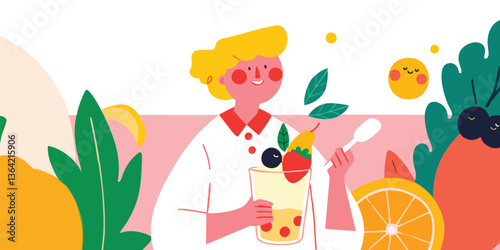 A smiling person savoring a refreshing boba drink amidst a vivid garden, celebrating the fusion of food, natural elements, and youthful exuberance.