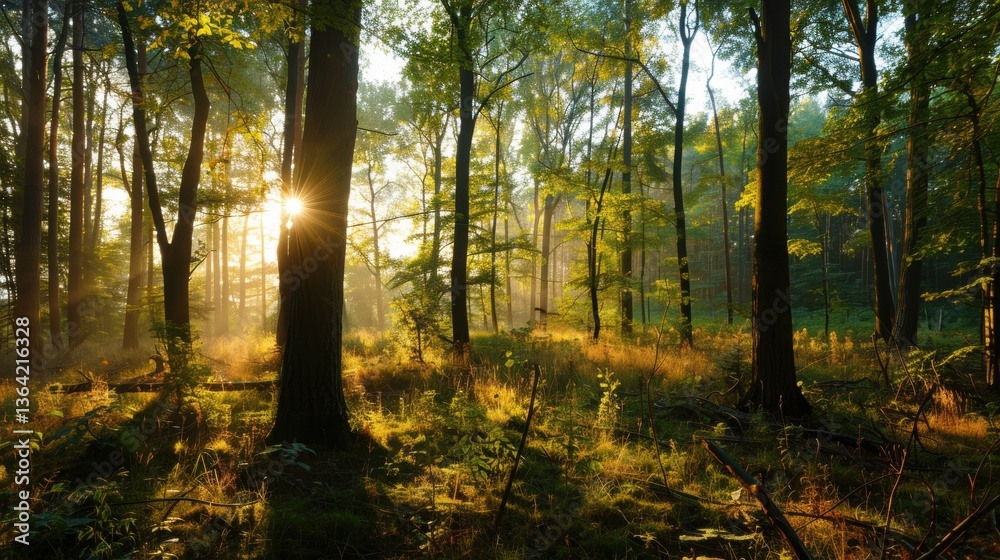 Obraz premium Sunlight Filtering Through Dense Forest Revealing Natural Serenity