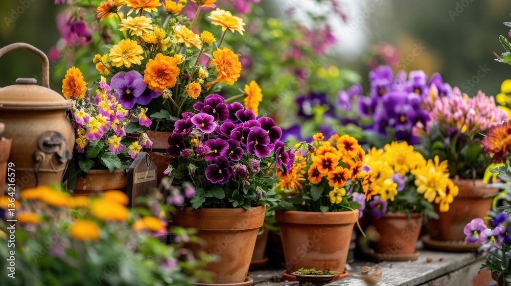 Obraz premium Bright and Colorful Flower Pots in a Garden Setting Full of Life