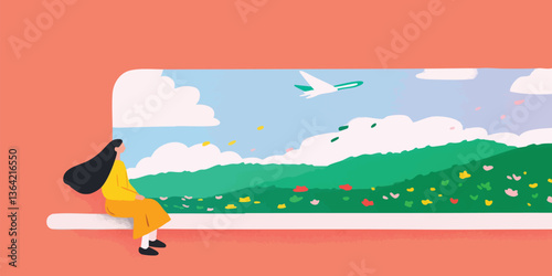 A woman gazes out a window at a picturesque vista. This artwork embodies a serene, inviting moment. The composition captures a sense of relaxation, perfect for designs related to travel or lifestyle.