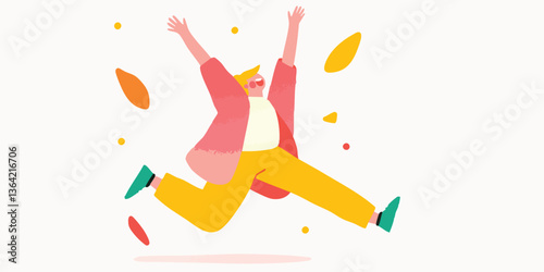 A vector illustration of a joyful figure celebrating with exuberance, showcasing motion and elation. Emphasizing positive emotions with dynamic composition and vibrant color.