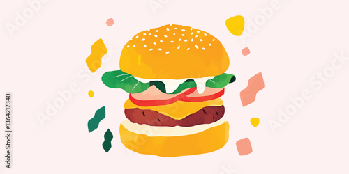 A mouthwatering, hand-drawn hamburger illustration. This culinary delight is complete with a perfectly toasted bun, fresh lettuce, juicy tomato, melted cheese, and a savory patty.