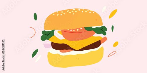 A mouthwatering illustration of a classic burger, a symphony of fresh ingredients artfully layered between a sesame seed bun, ready to entice and satisfy any craving.