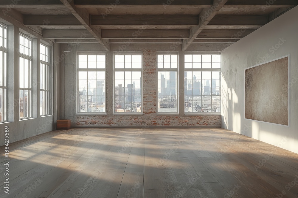 Fototapeta premium an empty, sunlit interior with large windows overlooking a city skyline, featuring wooden beams and exposed brick