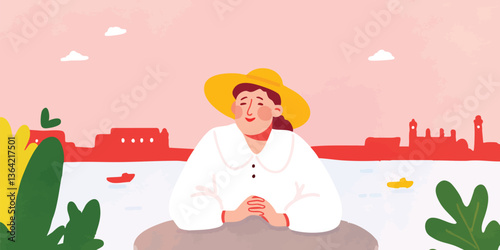 A woman leisurely rests, immersed in thought, hands clasped serenely, hat shielding her from the sunlight, contemplating life's serene moments.