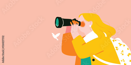 A cheerful young woman gazes through a telescope, embracing exploration and discovery. A symbolic representation of curiosity, the illustration has a warm and inviting feeling.