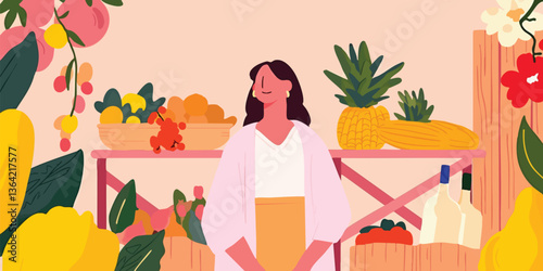 A stylish woman stands amidst a vibrant display of fresh fruits and flowers, creating a picturesque scene of natural abundance and visual delight.