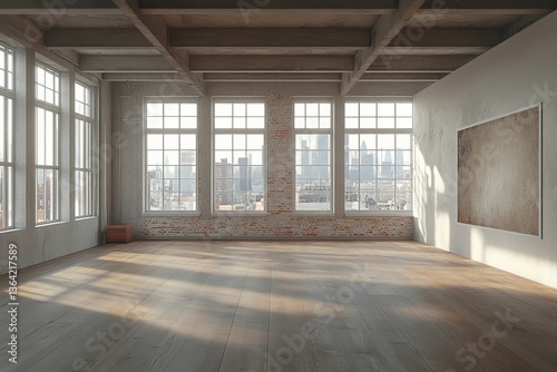 an empty, sunlit interior with large windows overlooking a city skyline, featuring wooden beams and exposed brick